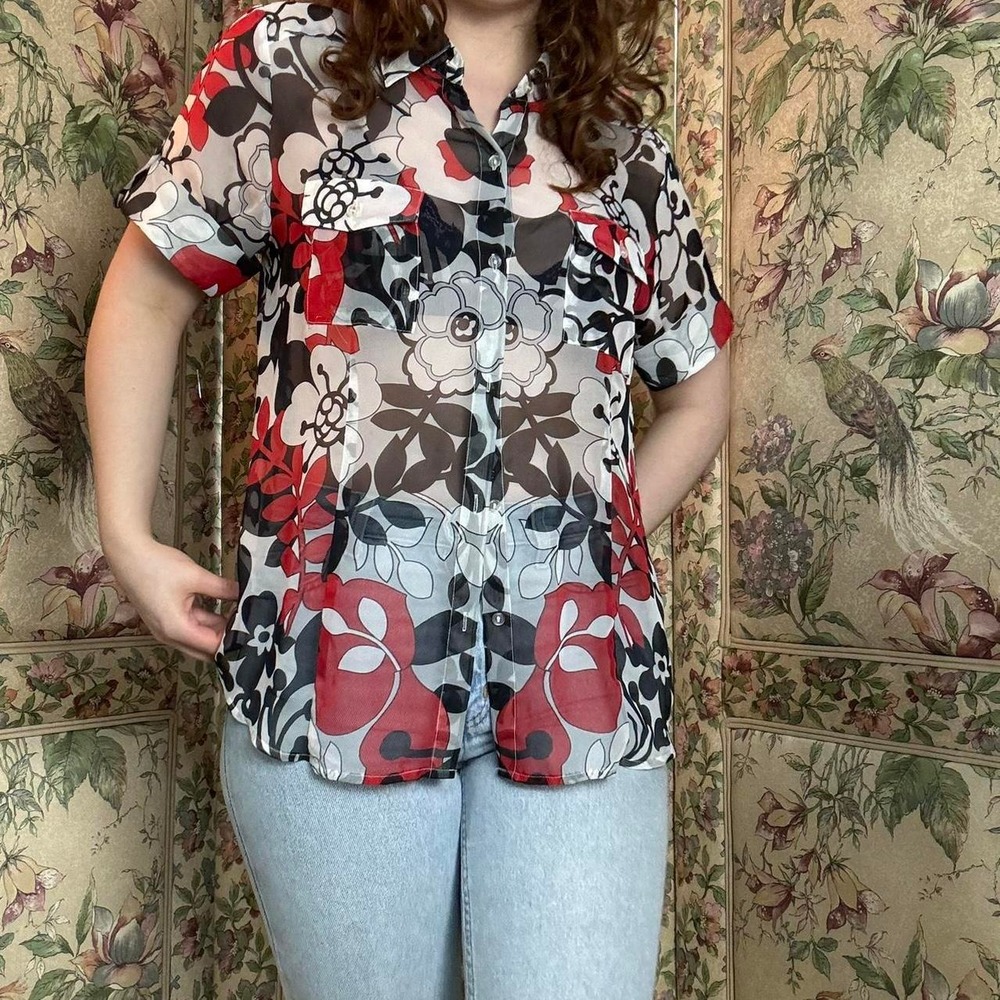 Nicola Funky Sheer Button Down Blouse Floral Red Black White Boho Retro Top